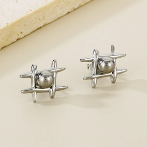 Polished silver grid stud earrings with ball center in a 45-degree angle shot