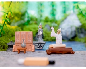 Miniature ancient Chinese scholars with screen and desk accessories for garden decor