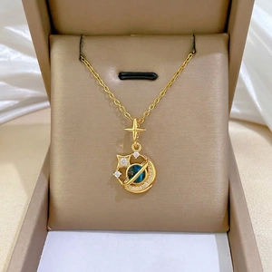 Galaxy Star Moon Saturn Planet Pendant Necklace Women Titanium Steel Chain Blue Gemstone Zirconia Elegant Jewelry