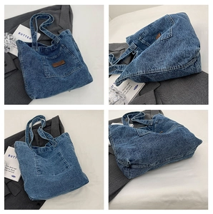 Collage of deep blue washed denim tote bag showing various angles and textured pockets