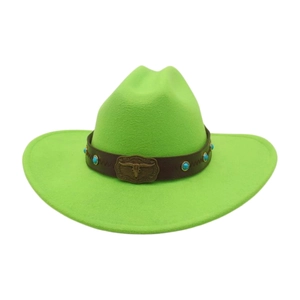 Detail of lime green felt cowboy hat featuring a braided band with turquoise beads