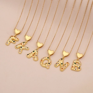 Gold heart necklaces with colorful cubic zirconia alphabet pendants A F K Q N B