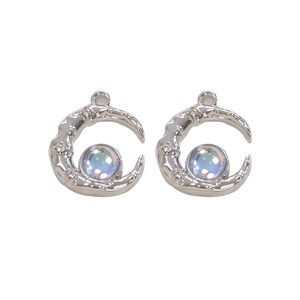 Silver crescent moon pendant with iridescent bead and sparkling rhinestones for jewelry DIY