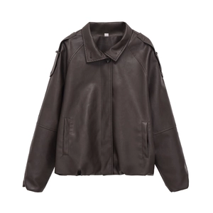 Womens Faux Leather Jacket PU Coffee Brown Turn-down Collar Epaulets Casual Loose Fit Zip Up Outerwear For Women