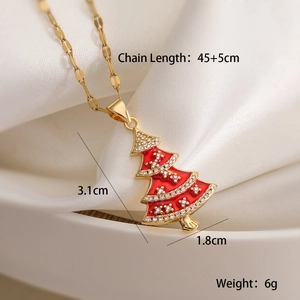 18K gold plated Christmas tree pendant necklace with red enamel and white zircon stones