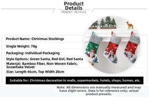 Close-up of festive Christmas stockings in red and green with gnome and snowflake patterns