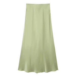 Elegant pistachio green satin midi skirt with a silky texture and A-line silhouette