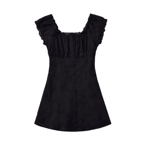 Elegant black lace jacquard dress with square neck and ruffle sleeves in A-line silhouette