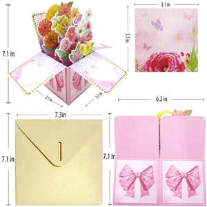 Size specifications for pink 3D pop-up butterfly flower card with golden envelope