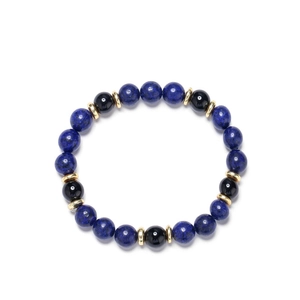Bracelet élastique en perles de lapis-lazuli bleu et onyx noir avec inserts dorés