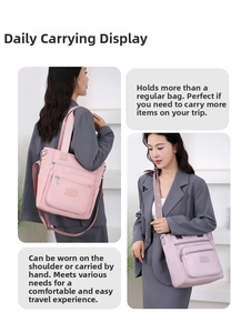 Detail view of pink and lilac Oxford fabric tote bags showing versatile carrying methods
