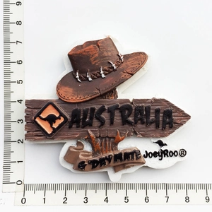 Resin Australia souvenir fridge magnet featuring a cowboy hat and kangaroo road sign