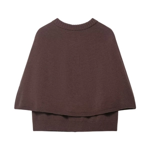 Detail view of premium dark brown knit capelet with single-breasted buttons and round neck