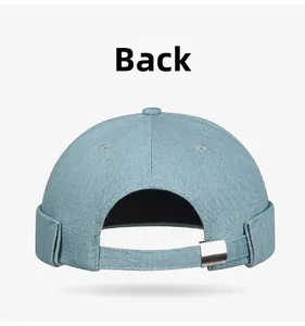 Detail of light blue denim docker hat back view with adjustable strap and metal buckle