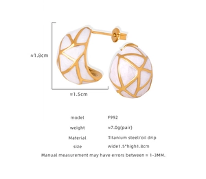 Detailed technical diagram of gold C-shaped titanium steel earrings with white enamel inlay
