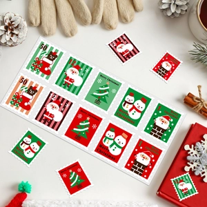 Christmas stamp-style sticker set with Santa and snowman on festive background
