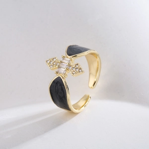 18K gold plated cross ring with black enamel and sparkling cubic zirconia stones