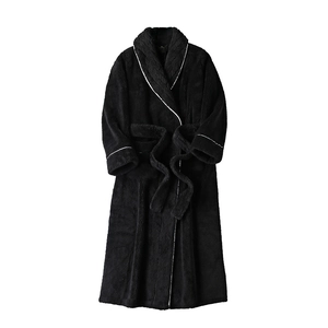 Thick black coral fleece long bathrobe for men with white piping and waist tie belt