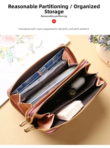 Pink leather wallet detail with double zipper and multi-layer interior storage pockets