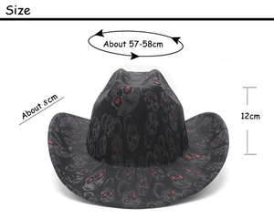 Detailed size chart of black cowboy hat with skull print and red glitter accents
