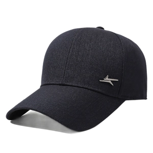 Classic men's navy baseball cap with silver lightning bolt metal emblem and curved brim