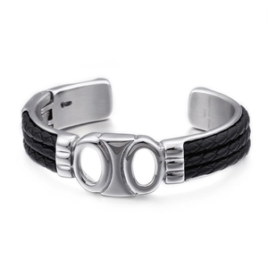 Bracelet manchette punk pour homme en cuir tressé et acier inoxydable avec motif groin