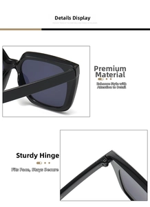 Detail view showing robust hinge structure and black polished square sunglasses frame