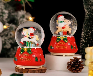 Detailed view of red Christmas snow globes with Santa and snowman on a festive background
