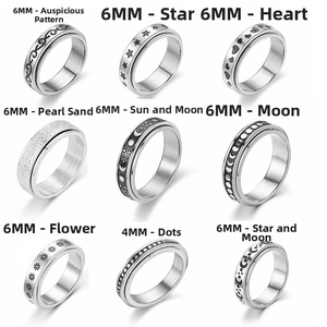 Detailed grid of 4mm and 6mm silver spinner rings with star moon and floral patterns