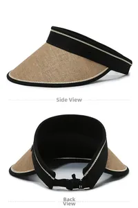 Detailed side and back views of straw sun hat with adjustable buckle and metal trim