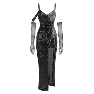 Elegant black sequin evening gown with spaghetti straps, side split and mesh gloves