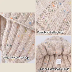 Oatmeal knit beanie with colorful speckled dots and warm ear protection design