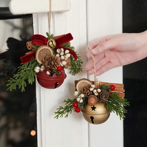 Metal Christmas Bell Hanging Ornaments Pinecone Pine Needle Berry Antler Ribbon Cinnamon Rustic Tree Decor