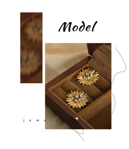 Close-up of gold-plated titanium sunflower earrings with cubic zirconia in a jewelry box