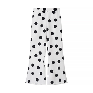 Pantalon large vintage à pois pour femmes en blanc et noir avec une taille haute chic