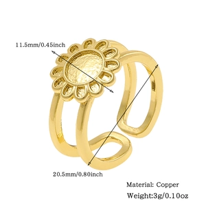 Detail view of adjustable gold copper sunflower ring with specific dimension measurements