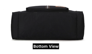 Detail view of the durable oxford fabric bottom and reinforced brand logo of the gym bag
