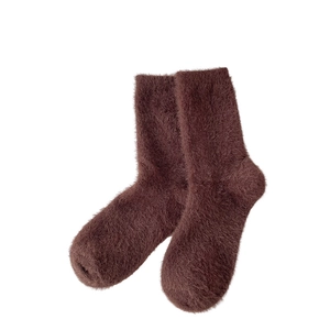 Soft dark brown plush mink velvet mid-calf socks for women with thick fuzzy texture