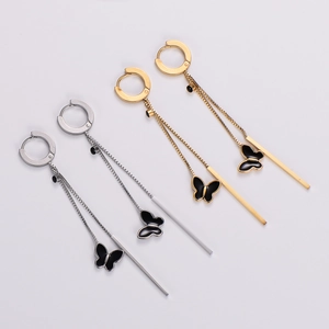 Stainless Steel Butterfly Long Tassel Drop Earrings Enamel 18K Gold Plated Fashion Hoop Earrings For Women Minimalist