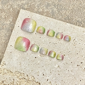 Toe Press On Nails Gradient Cat Eye Glitter Colorful Handmade False Nails For Women Sweet Elegant