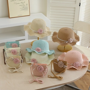 Kids summer straw hat and matching crossbody bag set with floral pearl accents