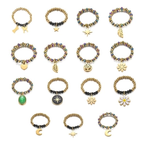Set of 15 bohemian elastic beaded rings featuring daisy, heart and moon charms