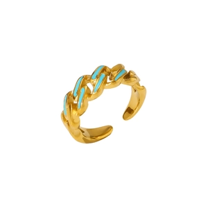 Vintage gold curb chain ring with light blue enamel accents and adjustable open design