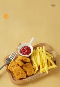Detailed realistic fried chicken nuggets and French fries model set on a wooden tray