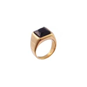 Vintage gold stainless steel ring with a rectangular black gemstone in center