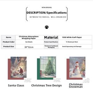 Detail showing 38x52cm Christmas wrapping paper specs with Santa and snowman patterns