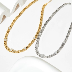 Vintage gold and silver heart zircon necklaces with stainless steel cuban chain links