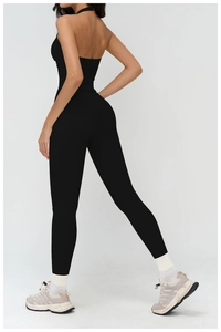 Rear view of black V-neck halter yoga top and high waist leggings for fitness and running