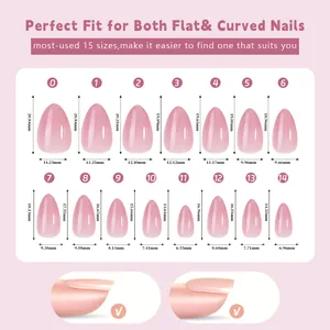 Size chart showing 15 almond nail sizes from 0 to 14 for professional nude press-on nails