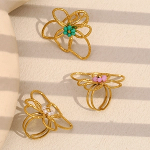 18K gold plated stainless steel open rings with colorful beaded flower designs
